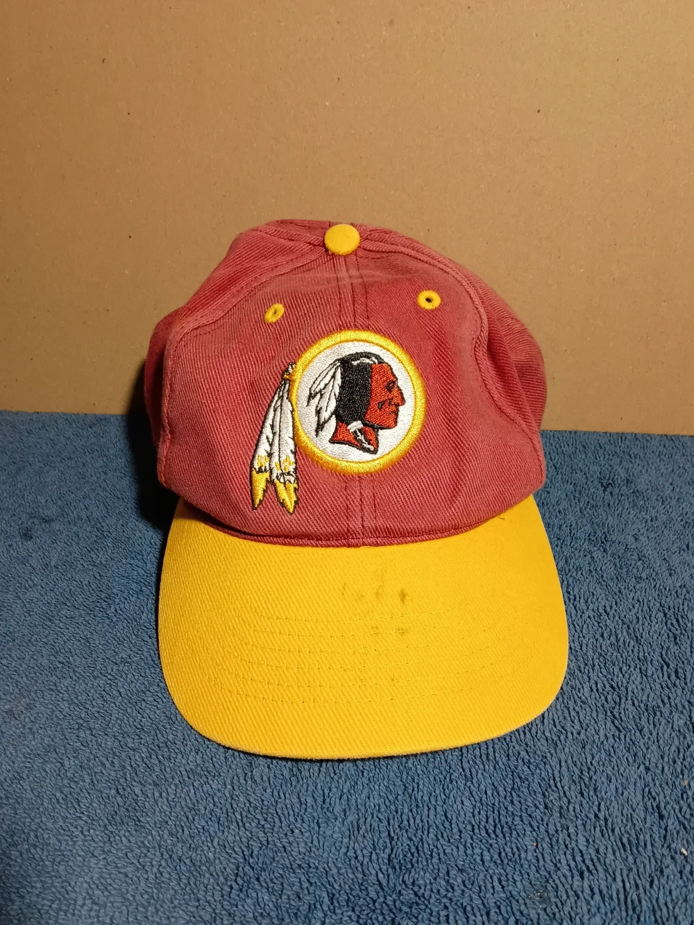 Vintage Kids Red and Yellow Redskins Football Cap with Native Head Patch
